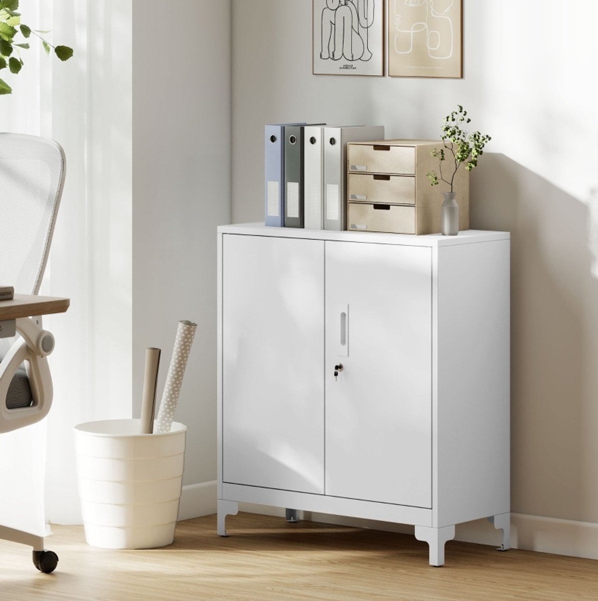 WUVRIE Metalen archiefkast 80x35x91 cm - Afsluitbare dubbele deuren en 2 opbergniveaus - Wit
