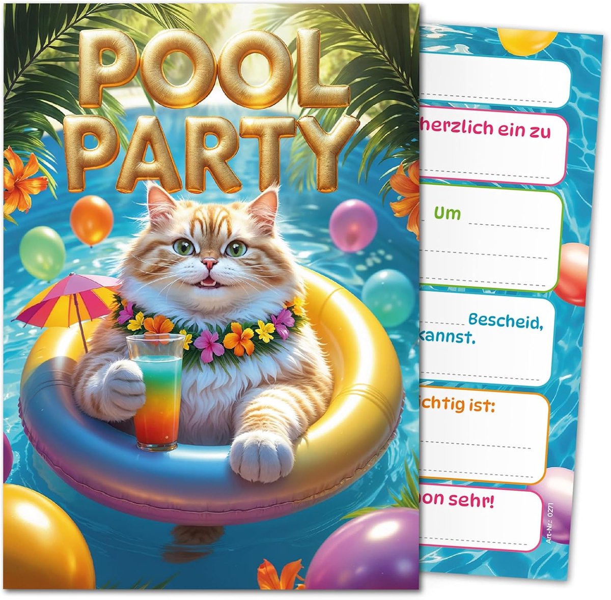 SnelShoppen - 12 Verjaardagsuitnodigingen Kinderen, Feest, Zwembad, Kat, Meisjes, Jongens, 10.5x14.8 cm, 300 g/m², Gecoat, Made in Germany