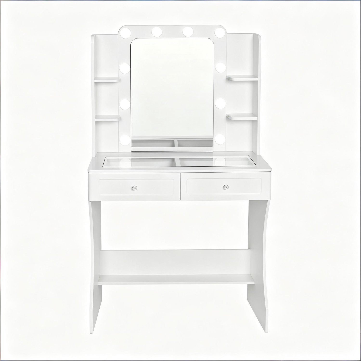 Kaptafel Met Spiegel En Ledverlichting - Make Uptafel Met Twee Laden En Vier Open Vakken - Voor Slaapkamer En Dressing - Wit MDF Met Glasblad