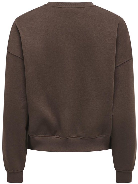 Achterkant van de donkerbruine sweater met ronde hals en elastische boorden.