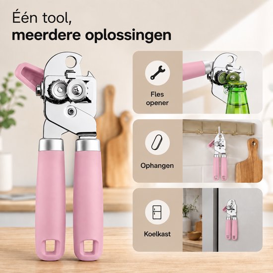 Veelzijdige roze blikopener die ook dient als flesopener en magnetisch aan de koelkast kan hangen.