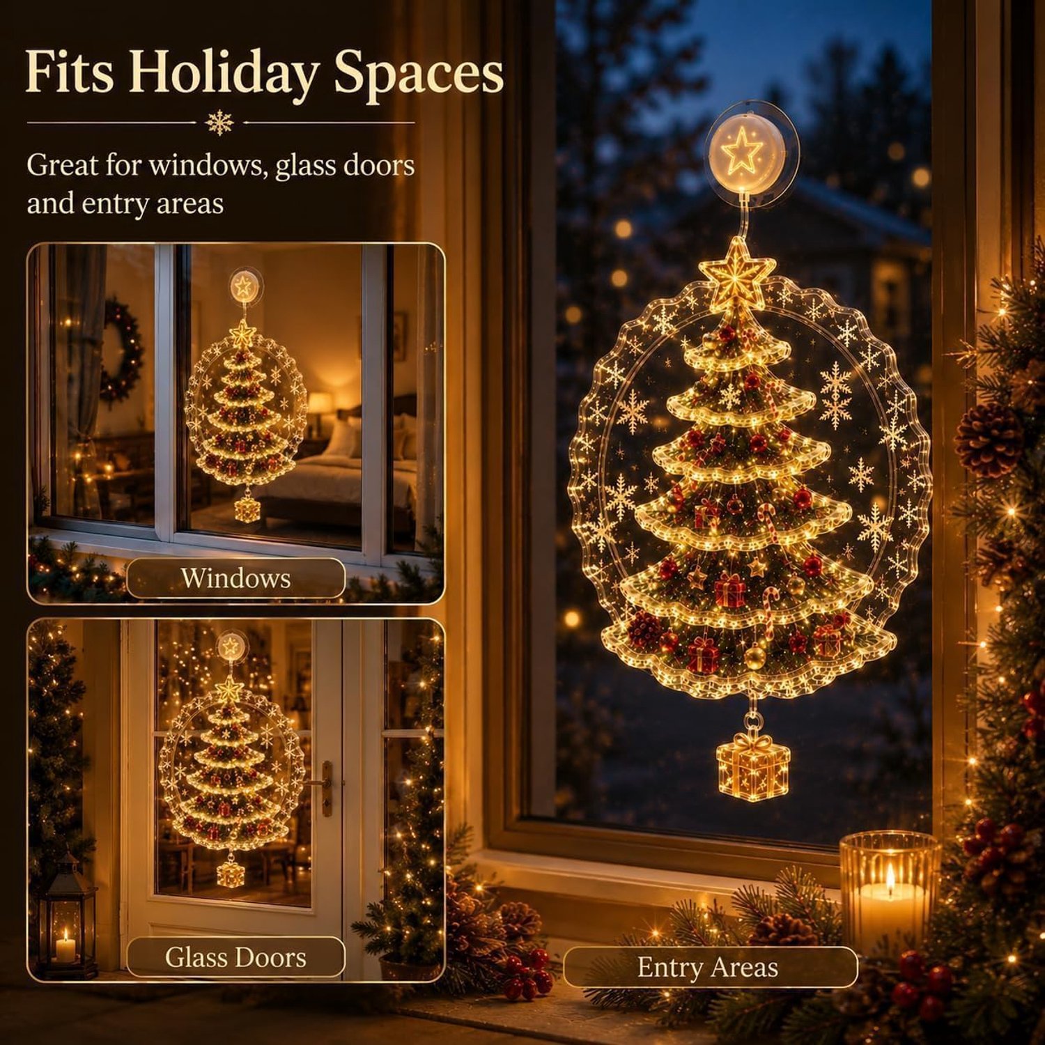5×3D-kerstraamverlichting - Kerstversiering - Led - Kerstornamenten - Kerstthema - Ontwerp met zuignap - Geschikt voor kerstdiners, familiebijeenkomsten en feestjes tijdens de feestdagen - Feestelijke sfeer - Creatieve hangende versieringen – foto 5