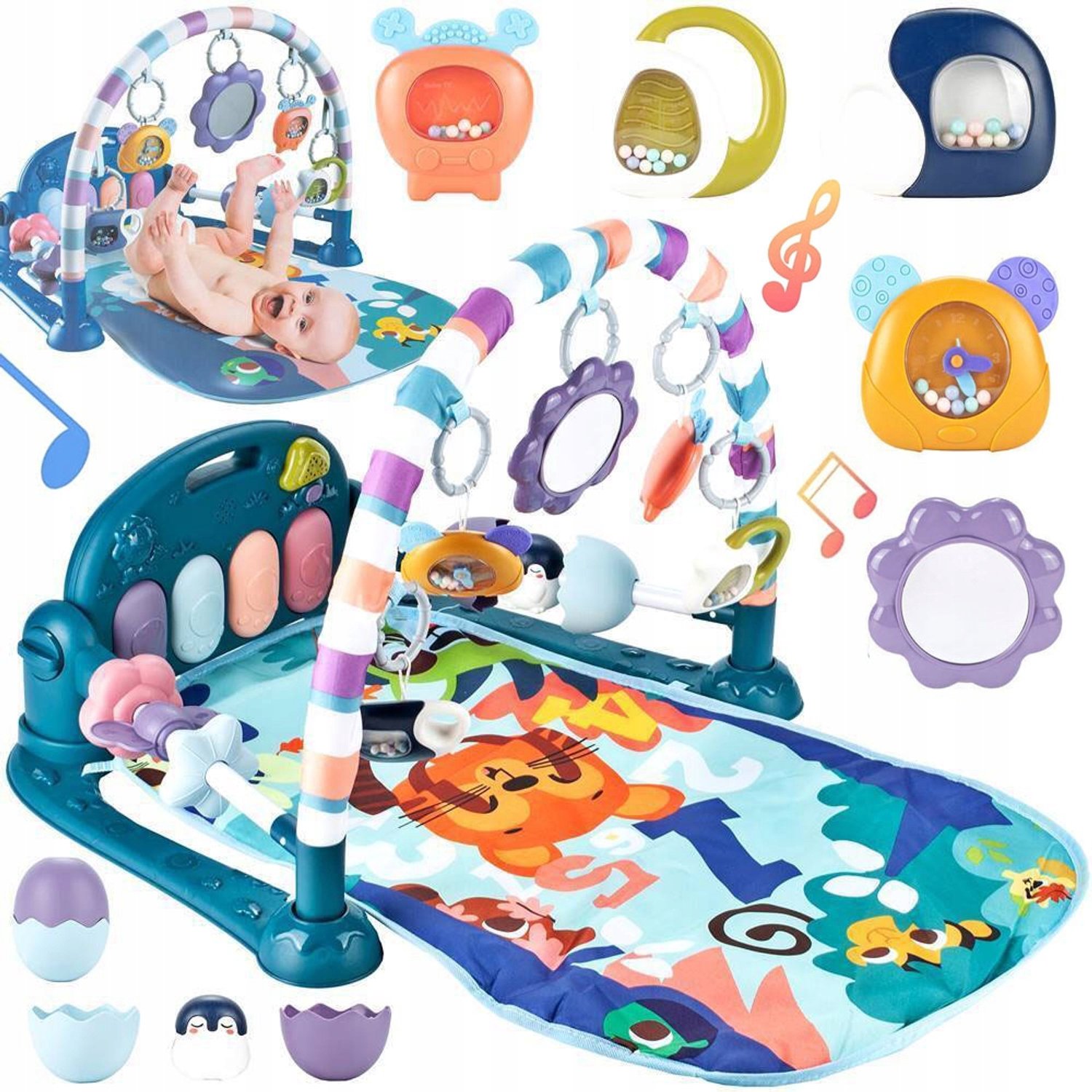 Baby Speelgym met Piano - Speelmat - Licht en Geluid - Voetpiano - Hangende Rammelaars - Spiegel - Voor Liggen, Trappelen en Grijpen - Vanaf 0 Maanden