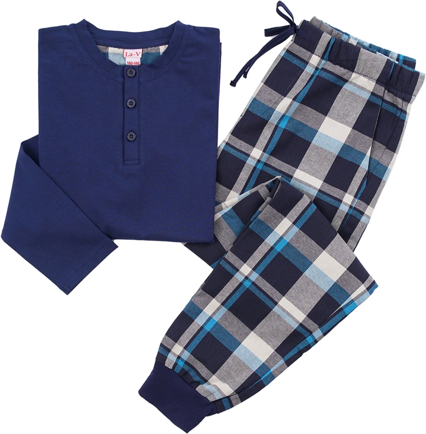 La-V pyjama sets voor jongens  met geruite flanel broek en henlay kraag shirt  Donkerblauw/rood  140-146
