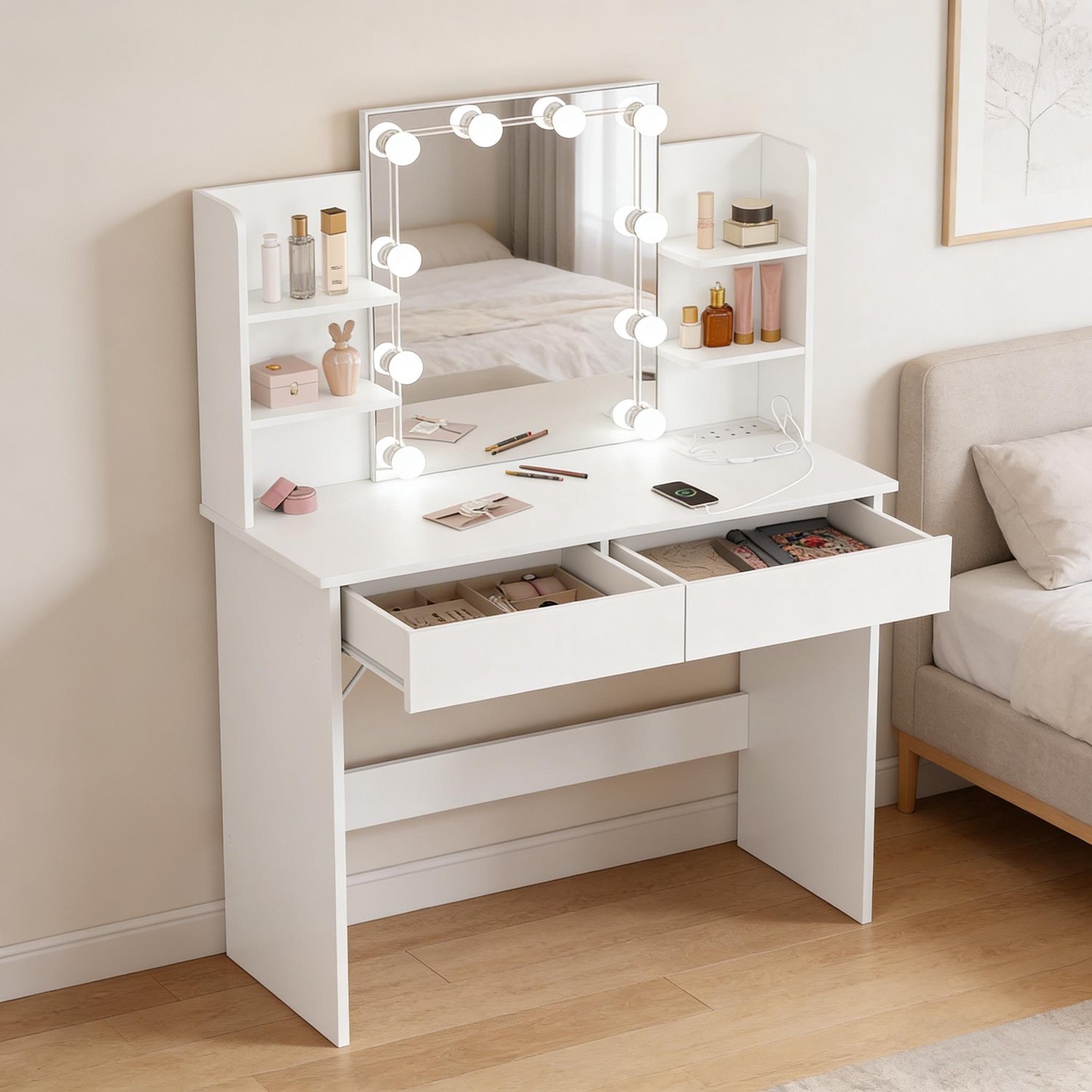 Kaptafel Met Spiegel En Verlichting - Make-up Tafel Met 2 Lades En 4 Planken - Met Stopcontacten - Voor Slaapkamer - Wit Bewerkt Hout
