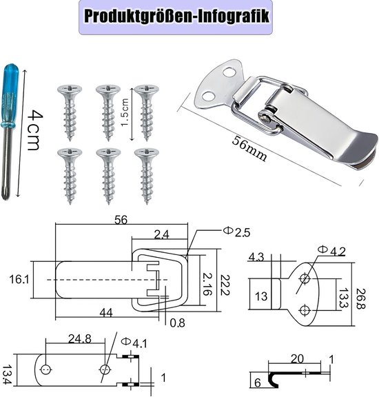 8 RVS spanelementen met schroeven en schroevendraaier (56mm) — afbeelding 2