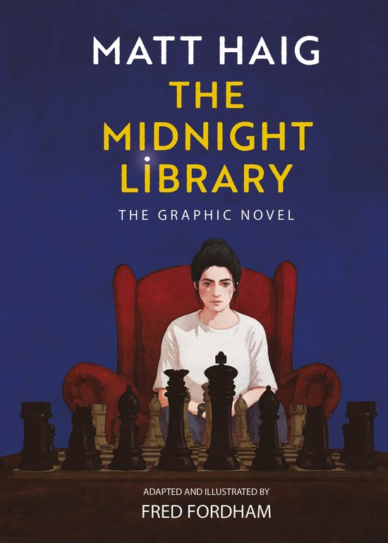 Boekomslag: een vrouw in een rode fauteuil achter een schaakbord, met de titel 'The Midnight Library' in gele letters.