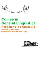 Boekomslag 'Course in General Linguistics' van Ferdinand de Saussure met een tekening van twee hoofden en een stoomtrein.
