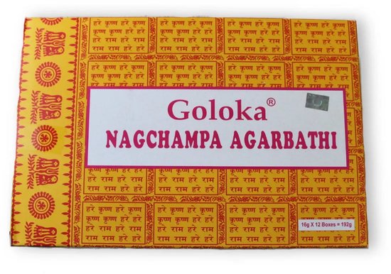 Gele Goloka Nagchampa wierookdoos met Sanskriet-tekst in rode vakjes en een wit label met '16g x 12 boxes = 192g'.