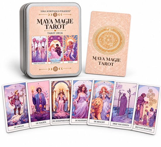 Maya Magie Tarot kaartspel in metalen blik met zachtgekleurde illustraties van tarotkaarten.