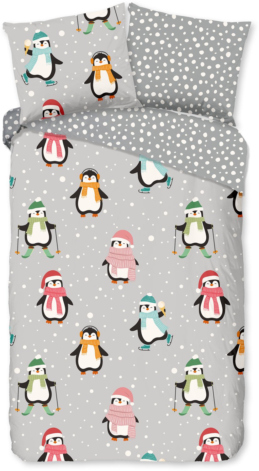 Good Morning dekbedovertrek pinguins met muts en sjaal - Grijs - 100% Katoen flanel Grey