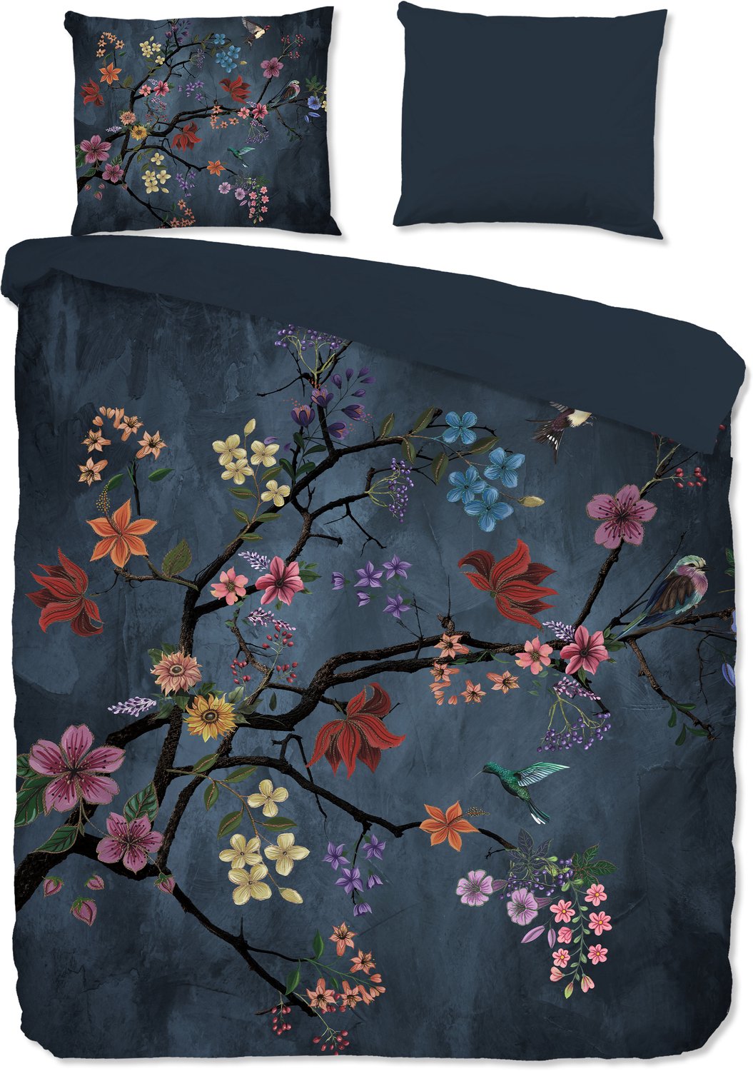 Pure dekbedovertrek takken met gekleurde bloemen en vogels - 2 persoons 200x200/220 cm - Donkerblauw - Microvezel