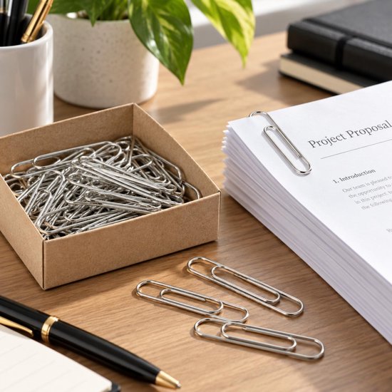 Zilveren paperclips in een bruine doos naast een Project Proposal document op een houten bureau.