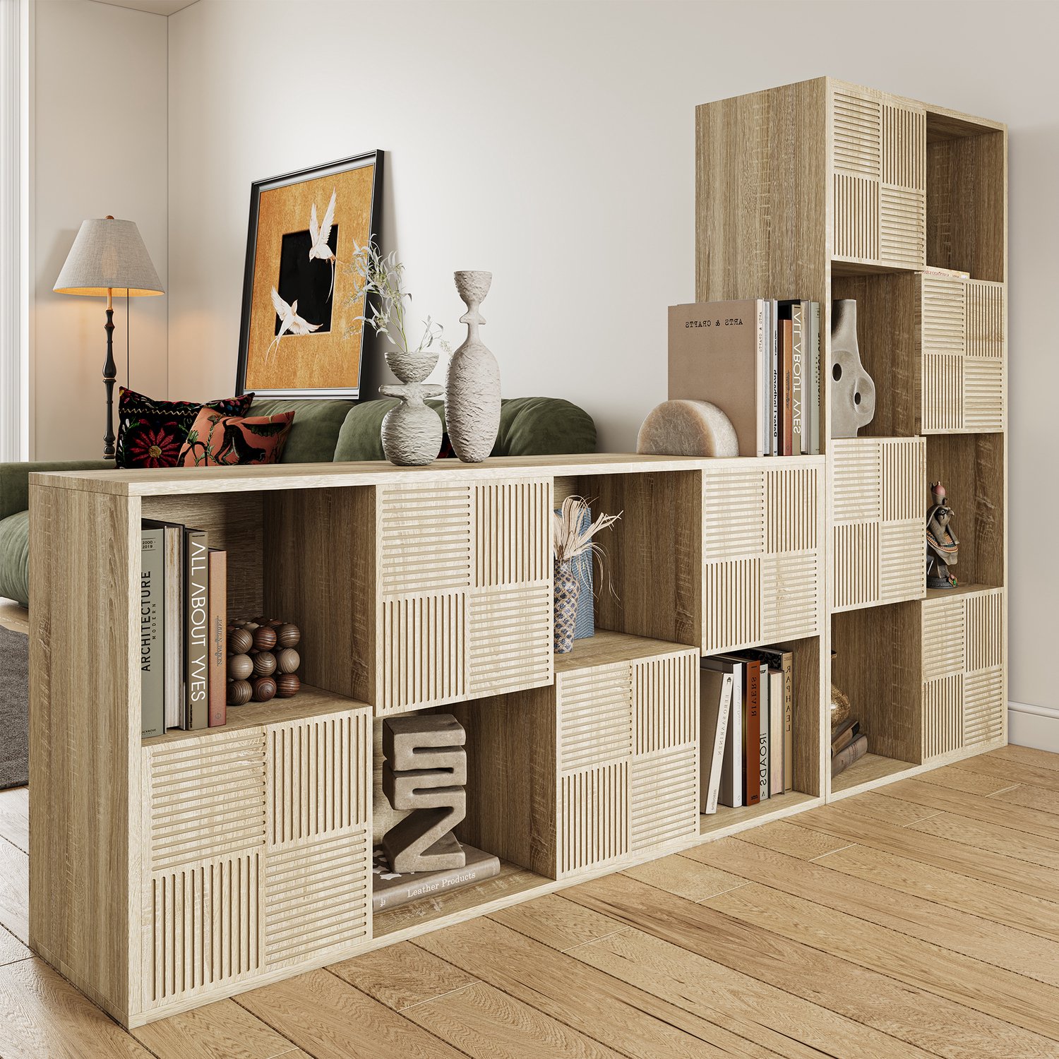 Boekenkast met 8 kubussen opbergunit, Houten opbergkast met geribbelde deuren, 4-laags boekenplank met 4 deuren voor woonkamer, slaapkamer, werkkamer, 90 x 30 x 90 cm, Naturel