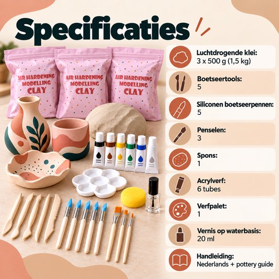 Twenty4seven® Pottenbakken Set - Luchtdrogende Klei 3 x 500 g - Knutselpakket & Knutselen - Kerst &n Sinterklaas Cadeau Kinderen - Boetseerklei Zonder Oven — cadeau in Hobby - foto 5