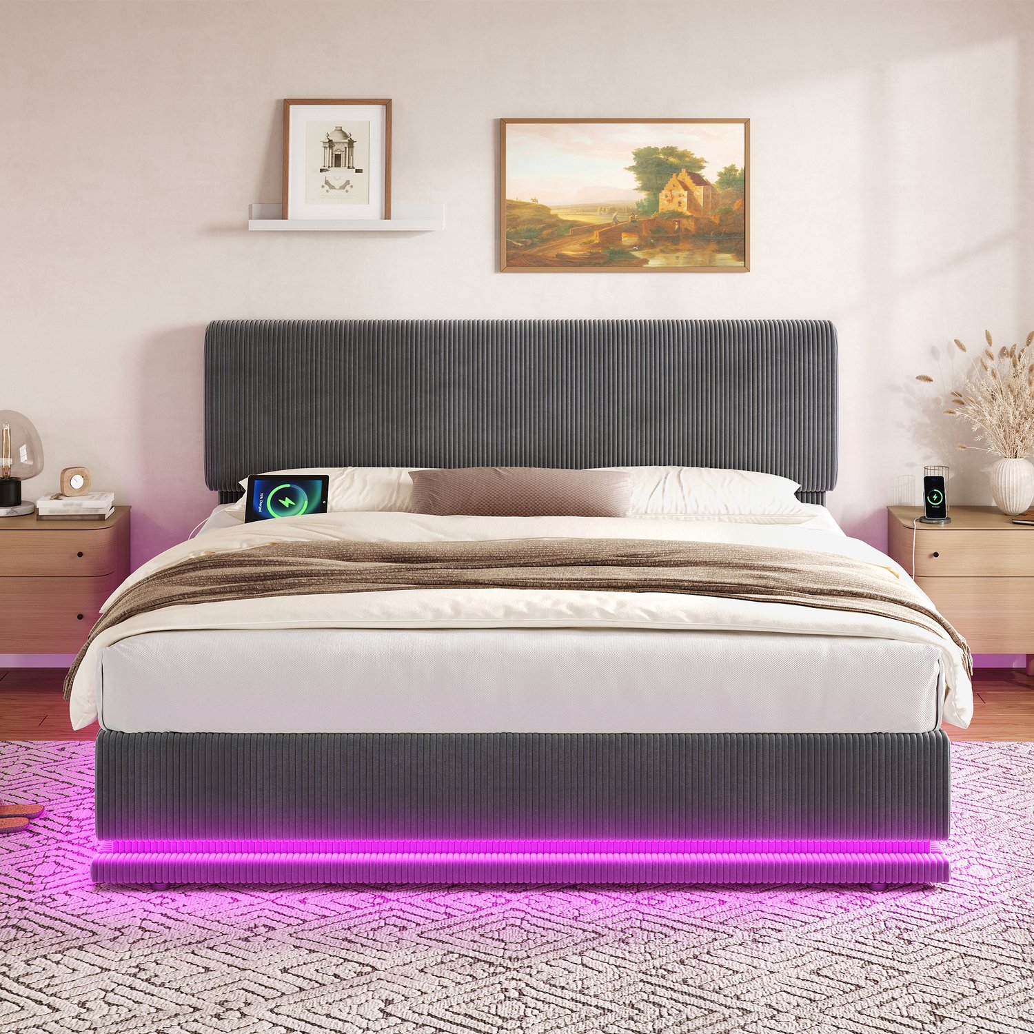 MUVANO Gestoffeerd bed 180x200 cm - Corduroy bekleding - Verstelbaar hoofdbord - Ledverlichting en USB-C - Ruime opbergruimte - Voor de slaapkamer donkergrijs