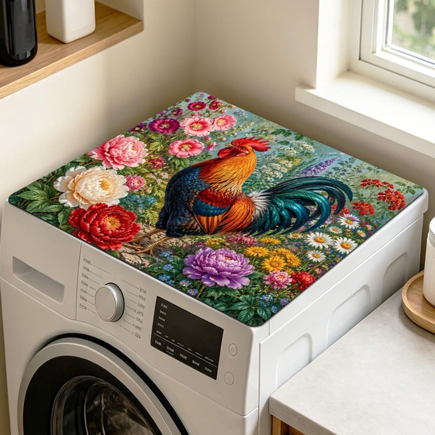 Wasmachine en droger covers 59 x 45 cm - vintage bloem en kip - antislip stofkap - voor nette wasruimte - Vemera
