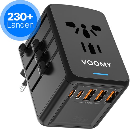 Zwarte Voomy universele wereldstekker met 35W snelladen en diverse poorten, bruikbaar in 230+ landen.