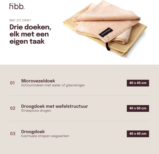Set van drie beige doeken met verschillende formaten: microvezeldoek, wafeldoek en droogdoek.