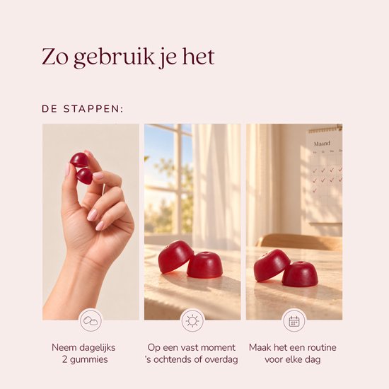 Stappenplan voor dagelijks gebruik van twee Focus Gummies voor een vaste routine.