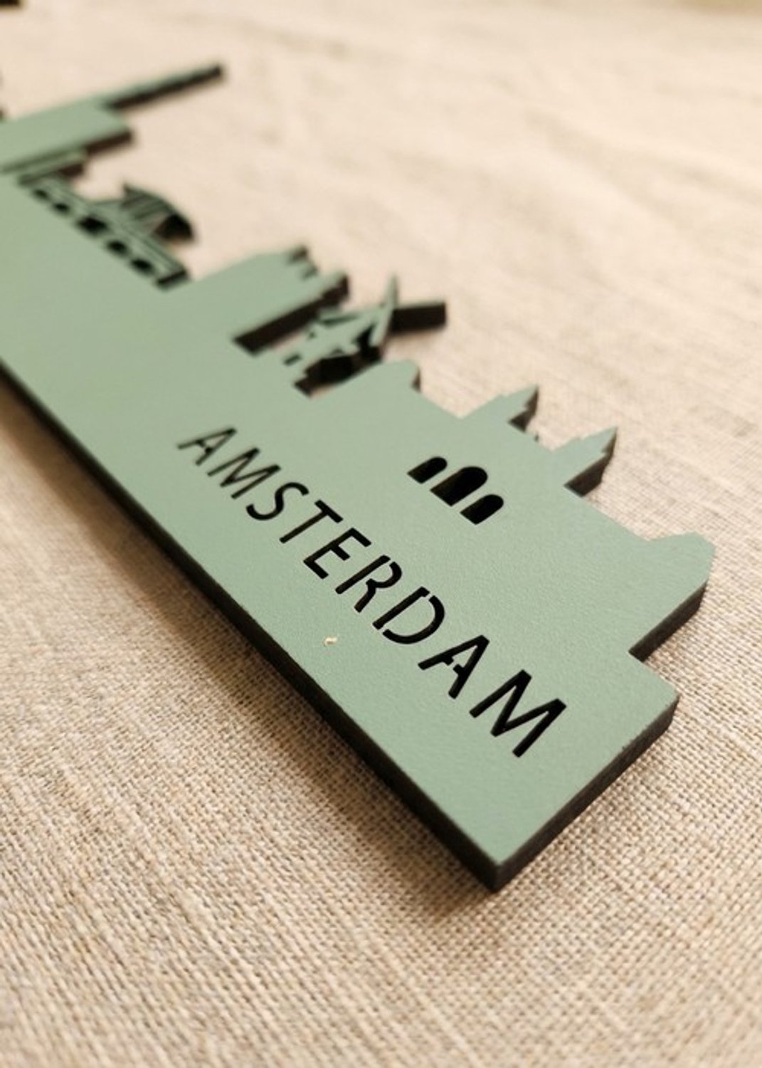 Houten Skyline Amsterdam | Wanddecoratie voor aan de muur | Groen MDF | 100 cm breed