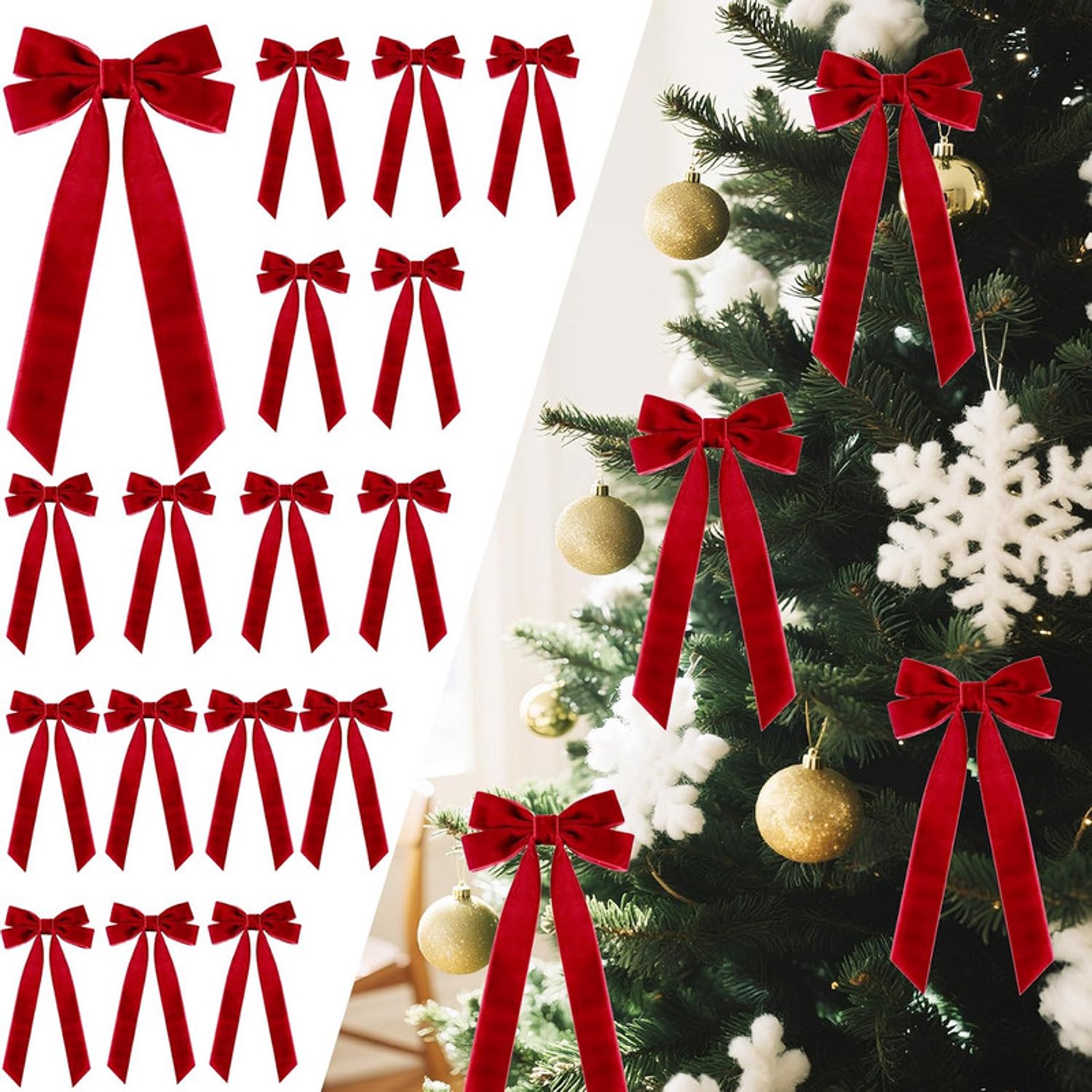 Kerstboomstrikken van Fluweel - 12 Stuks - Rood - 13 x 26 cm - Voor Kerstboom, Kransen en Cadeaus