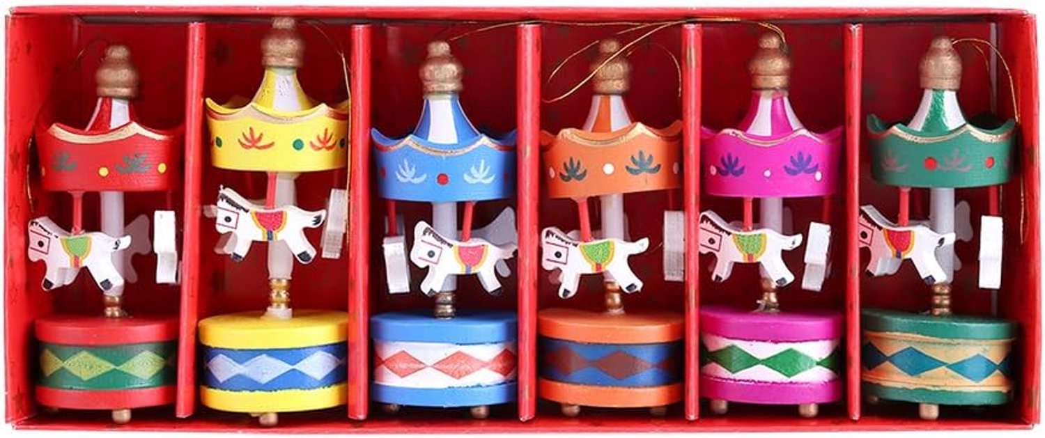 SNQ Kerstornamenten – Houten Draaimolen Paardjes – 6 Stuks per Set – Vintage Mini Hangertjes – Kerstboom Ornamenten – Gemengde Kleuren