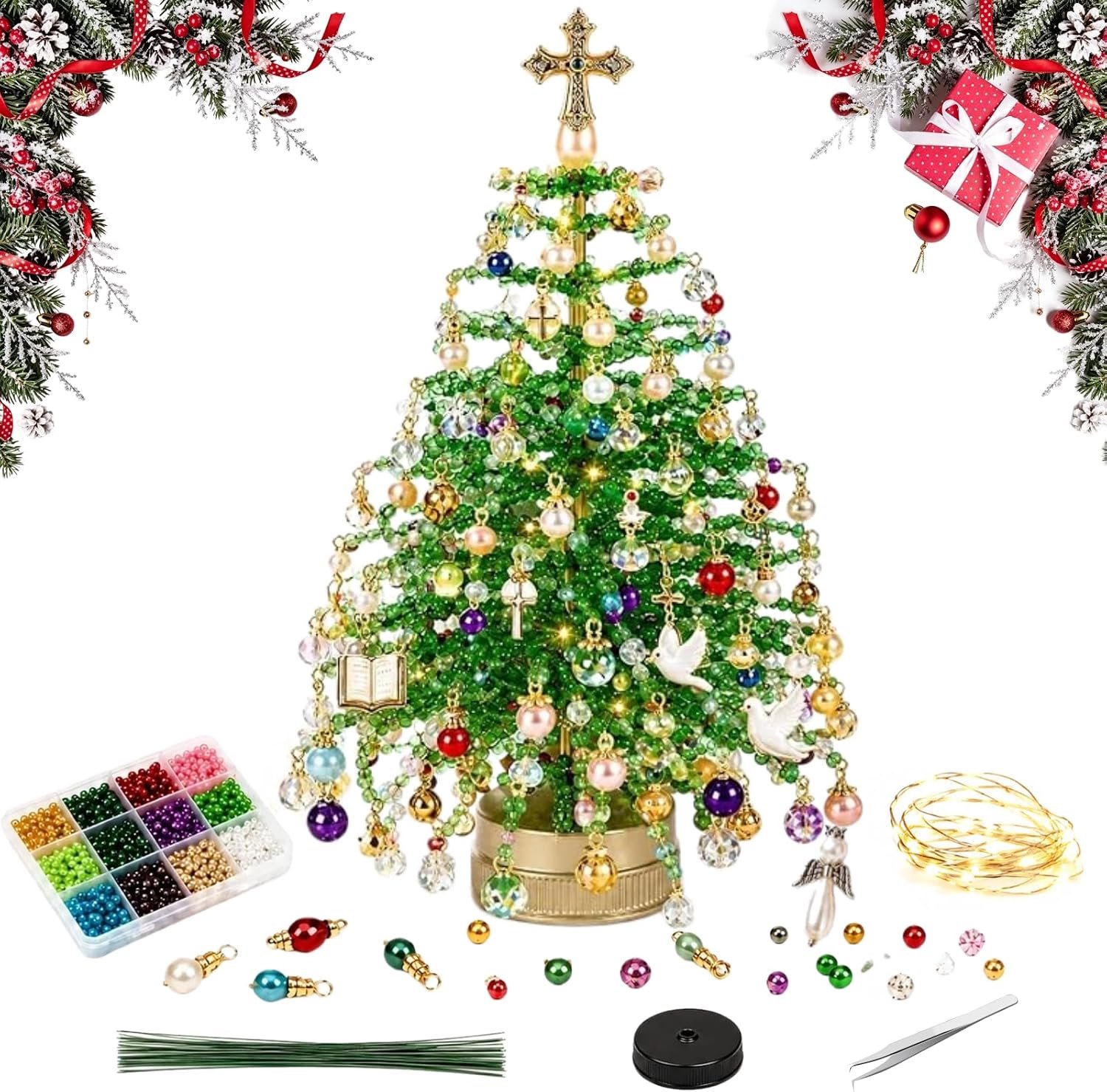 DIY Kerstboomset met kralen - 3D Kerstknutselset met kristallen kralen voor volwassenen, feestelijke tafeldecoratie met warme LED-verlichting en engeltje als piek, feestelijke tafeldecoratie
