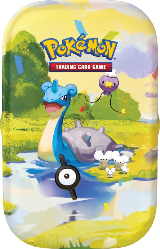 Voorkant van een Pokémon mini-blik met een vrolijke Lapras en Pokémon in een groene, zonnige omgeving.