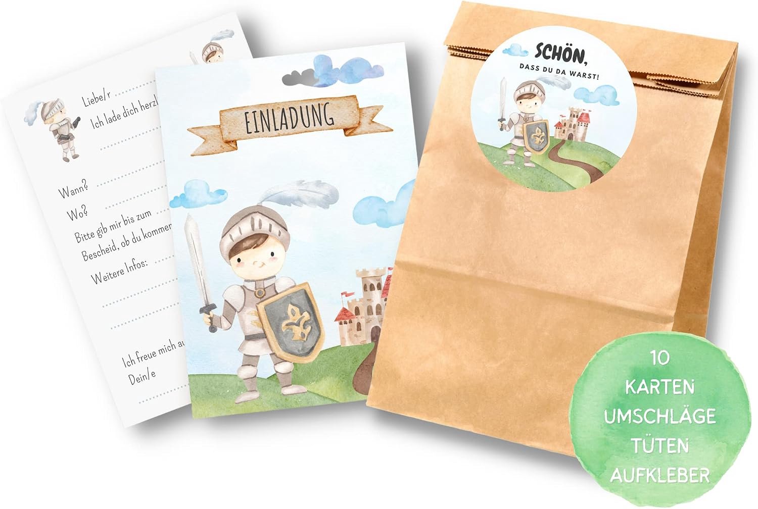 10-delige set uitnodigingskaarten en goodiebags ridder