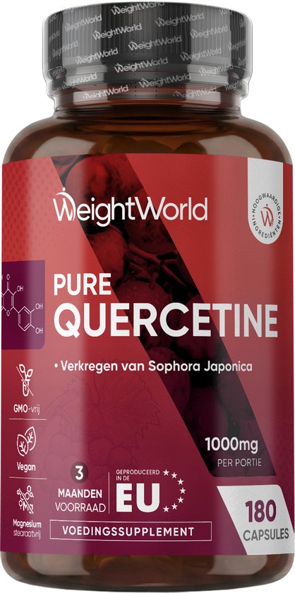 Bruine fles WeightWorld Quercetine, 180 capsules, 1000mg per portie, veganistisch, geproduceerd in de EU.