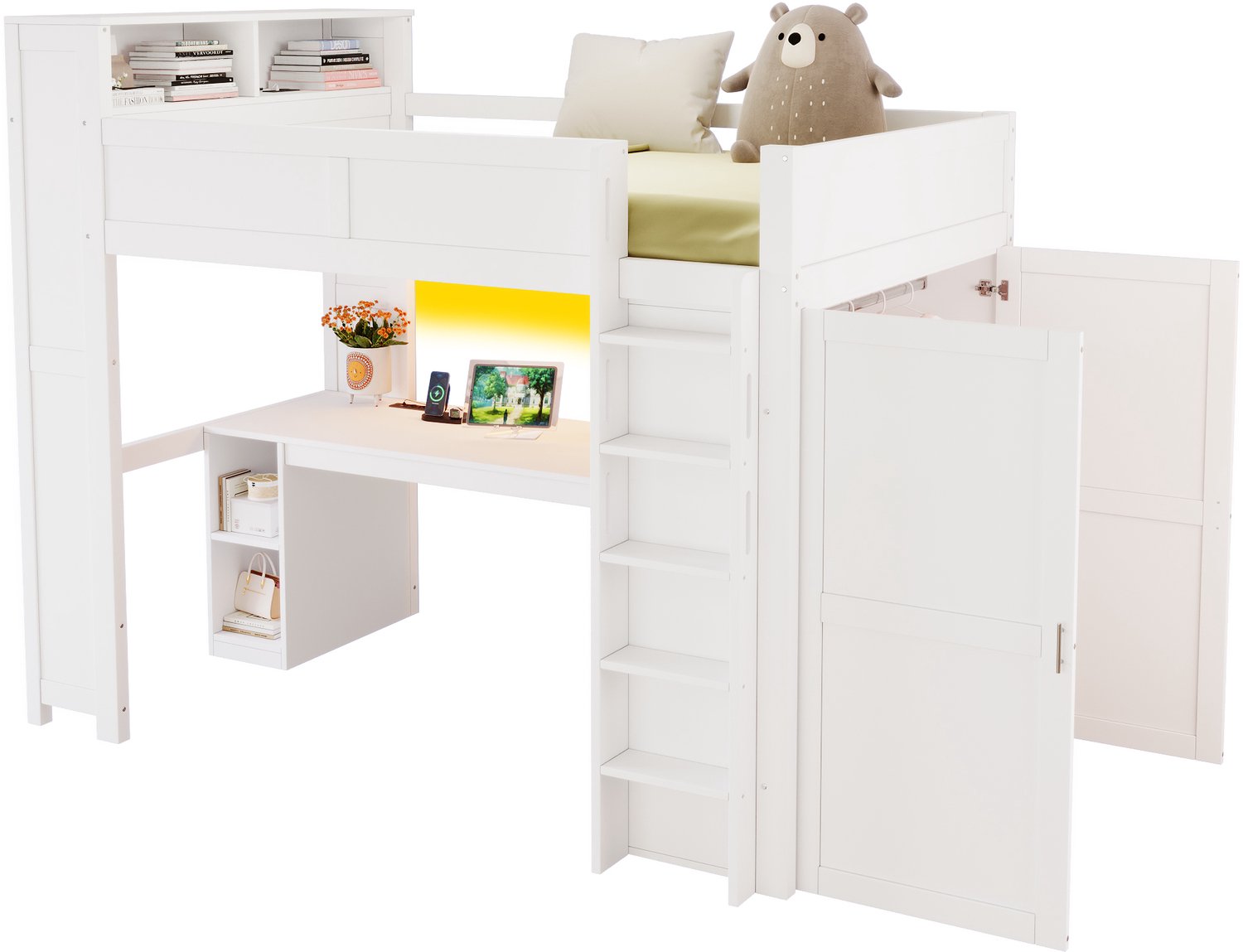 Merax Hoogslapend bed 90x200 cm - met bureau - opbergruimte - kast - USB-poort en LED - wit