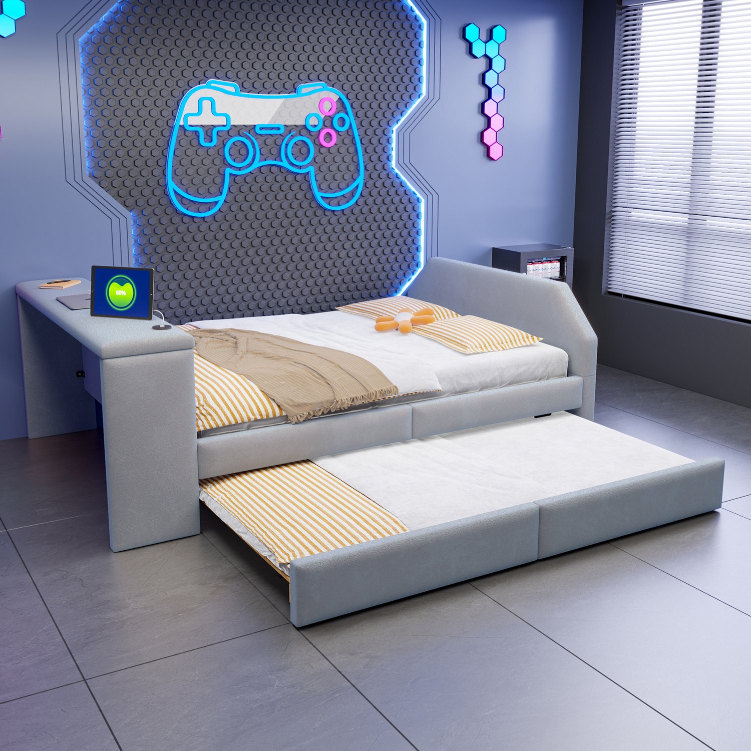 OOIILLEE Gevoerd kinderbed 140* 200 met geïntegreerd bureau, USB-oplaadpoort en uitschuifbaar logeerbed; fluwelen bedframe voor kinderkamer of logeerkamer Grijs