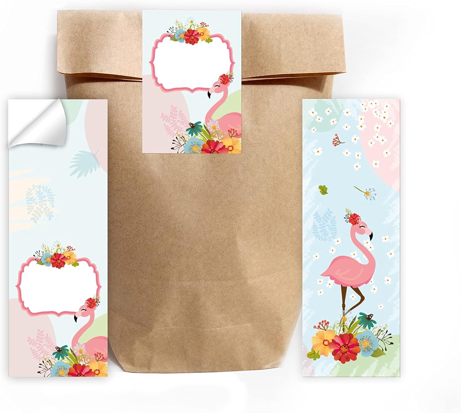 bladwijzers 5,2 x 14,8 cm - geschenkzakjes 14 x 22 cm - stickers flamingo - perfect voor kinderverjaardag - Vemera