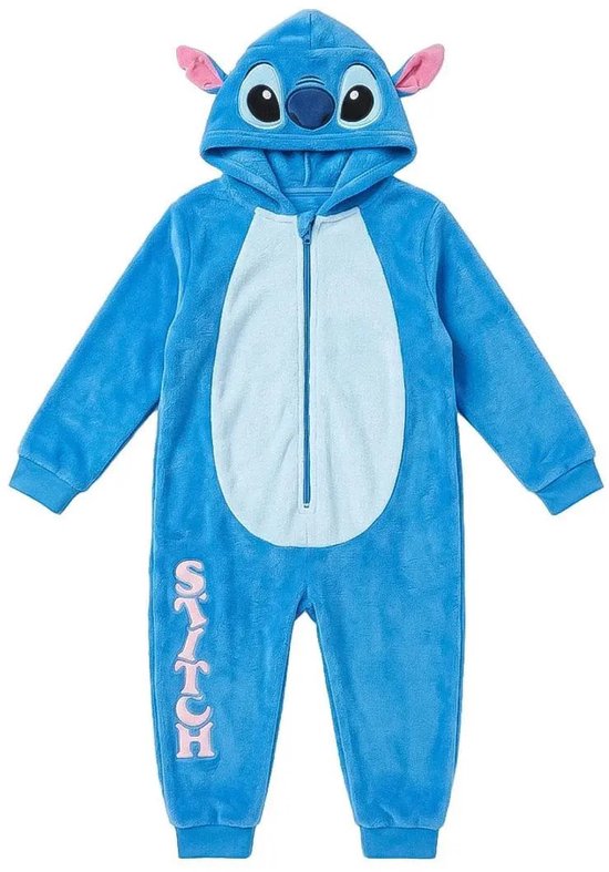 Blauwe Stitch-onesie met capuchon, oren, rits en de naam Stitch op het been.
