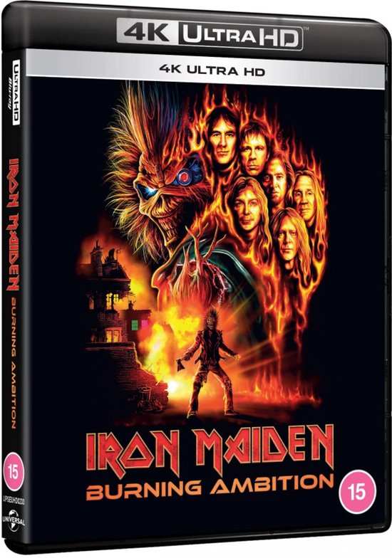 Iron Maiden: Burning Ambition 4K UHD hoes met Eddie en bandleden, voorzien van een leeftijdsaanduiding 15.