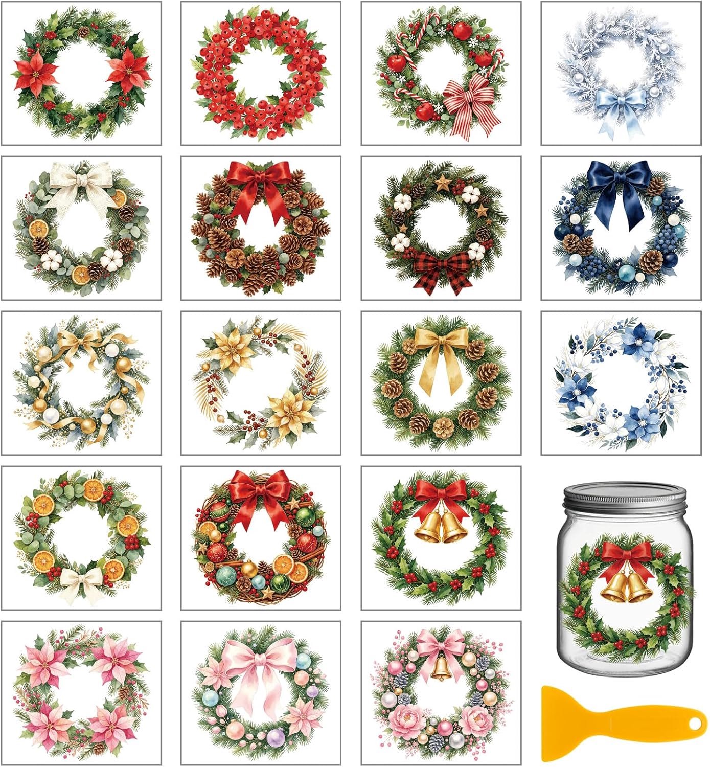Kerstkrans stickers 9,9 x 9,4 cm - rood satijnen strik - 18 vellen wrijftransfers - decor voor fles en vaas - m-winkel