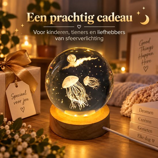 Klarigo® Nachtlamp – 3D LED Lamp – Glazen Bol – Kwal- Warm Licht – Bureaulamp – Nachtlampje Kinderen – Creative lamp van Klarigo — afbeelding 3