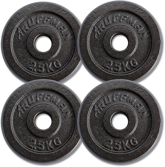 Set van vier zwarte Ruffman gietijzeren halterschijven van elk 2,5kg.