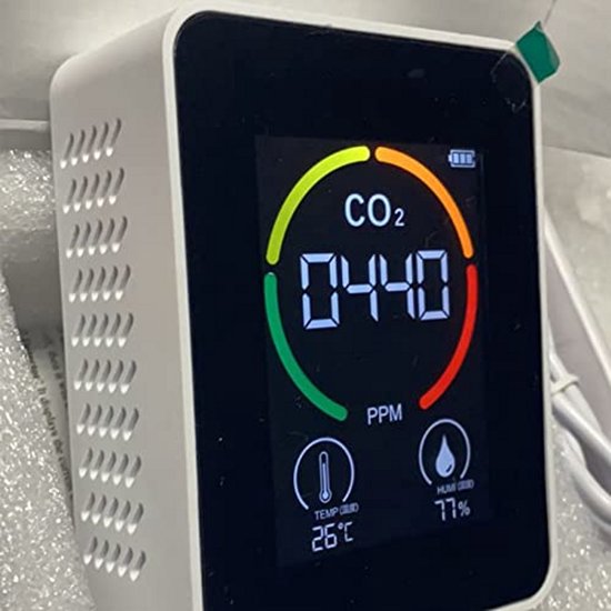 CO2 Meter 5-in-1 – Luchtkwaliteitsmeter voor Binnen met CO2, HCHO, TVOC, Temperatuur en Luchtvochtigheid, Batterijgevoed