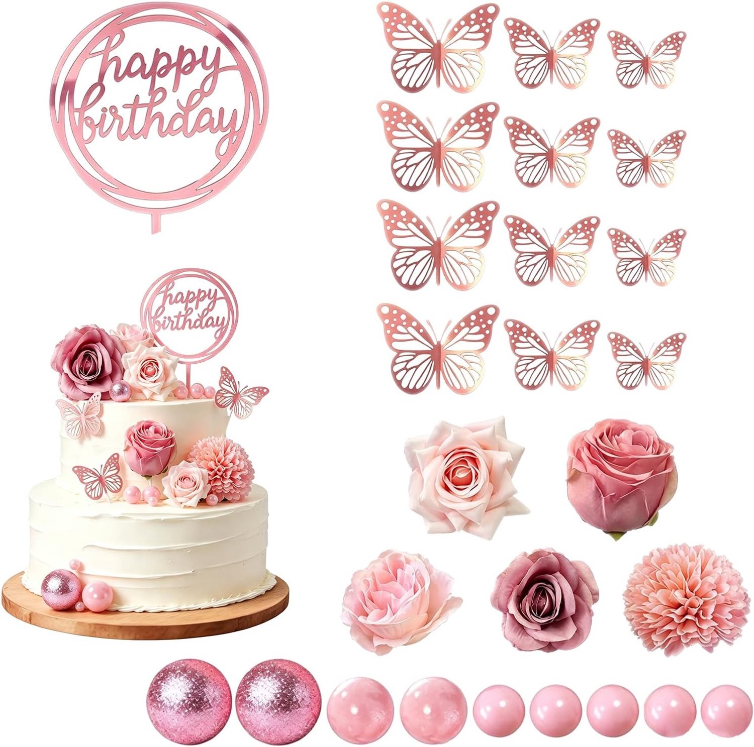 27 stuks taartdecoratie bloemen, decoratie in rosé goud met kunstbloemen