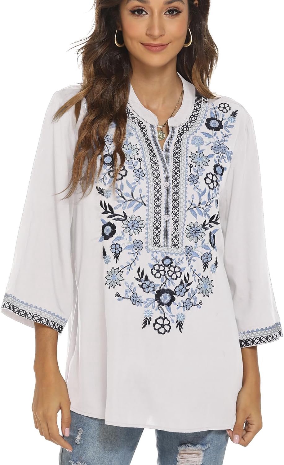 Zomer blouse boho borduurwerk V-hals korte mouw tuniek