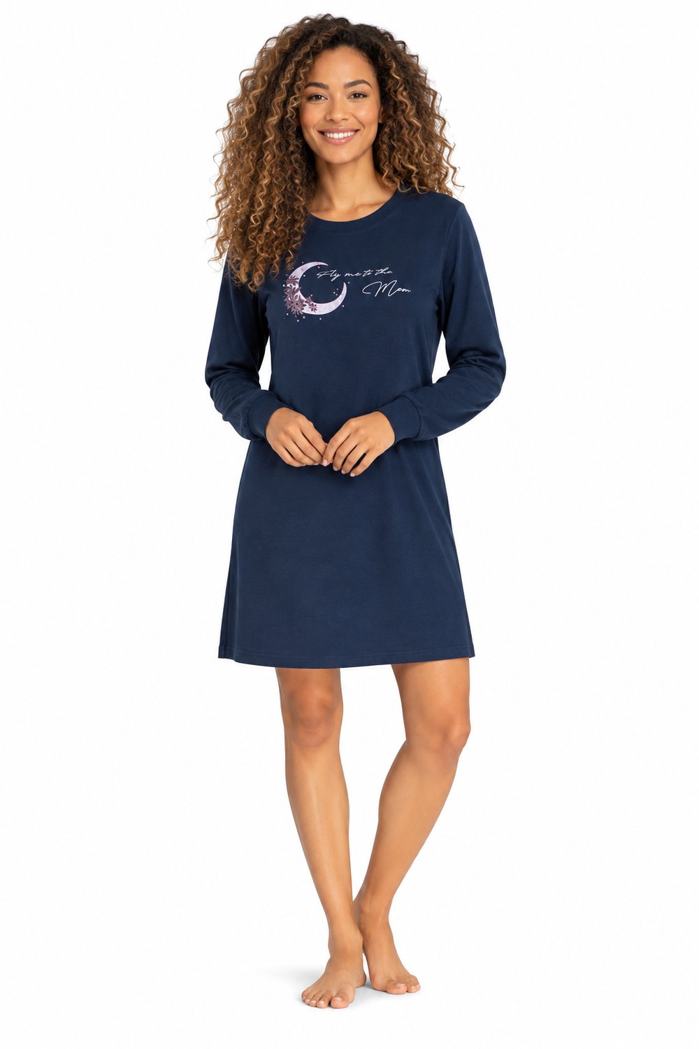 Comtessa Dames - Nachthemd – 100% Katoen – Lange Mouwen – Maanprint – Donkerblauw – 95 cm Donkerblauw, maanprint