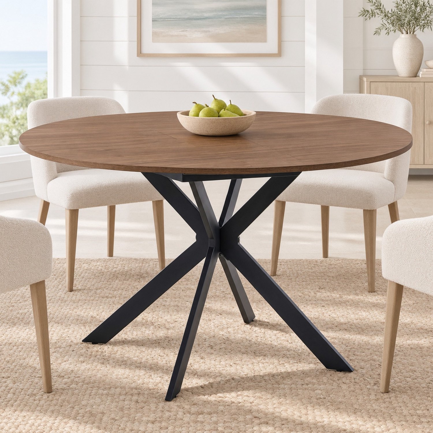 MEUNIQ uitschuifbare eettafel 137 x 137 x 76 cm, rond tot ovaal, MDF tafelblad in walnootlook, zwart metalen driepootonderstel, voor 4 tot 6 personen Walnootkleur