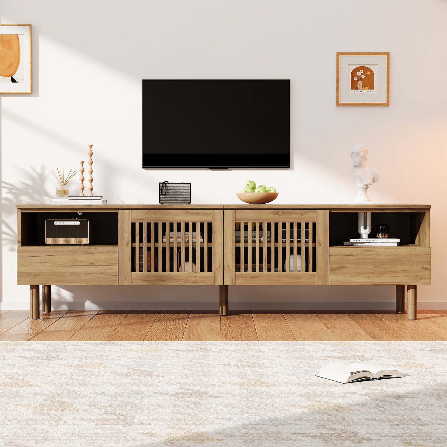HAUSS SPOLE Tv-meubel - 2 Lades En 2 Deuren Met Spijlen - Open Vakken Voor De Woonkamer - Mdf En Hout - 180x40x51 Cm - Natuurlijke Houtkleur Naturel houtkleur