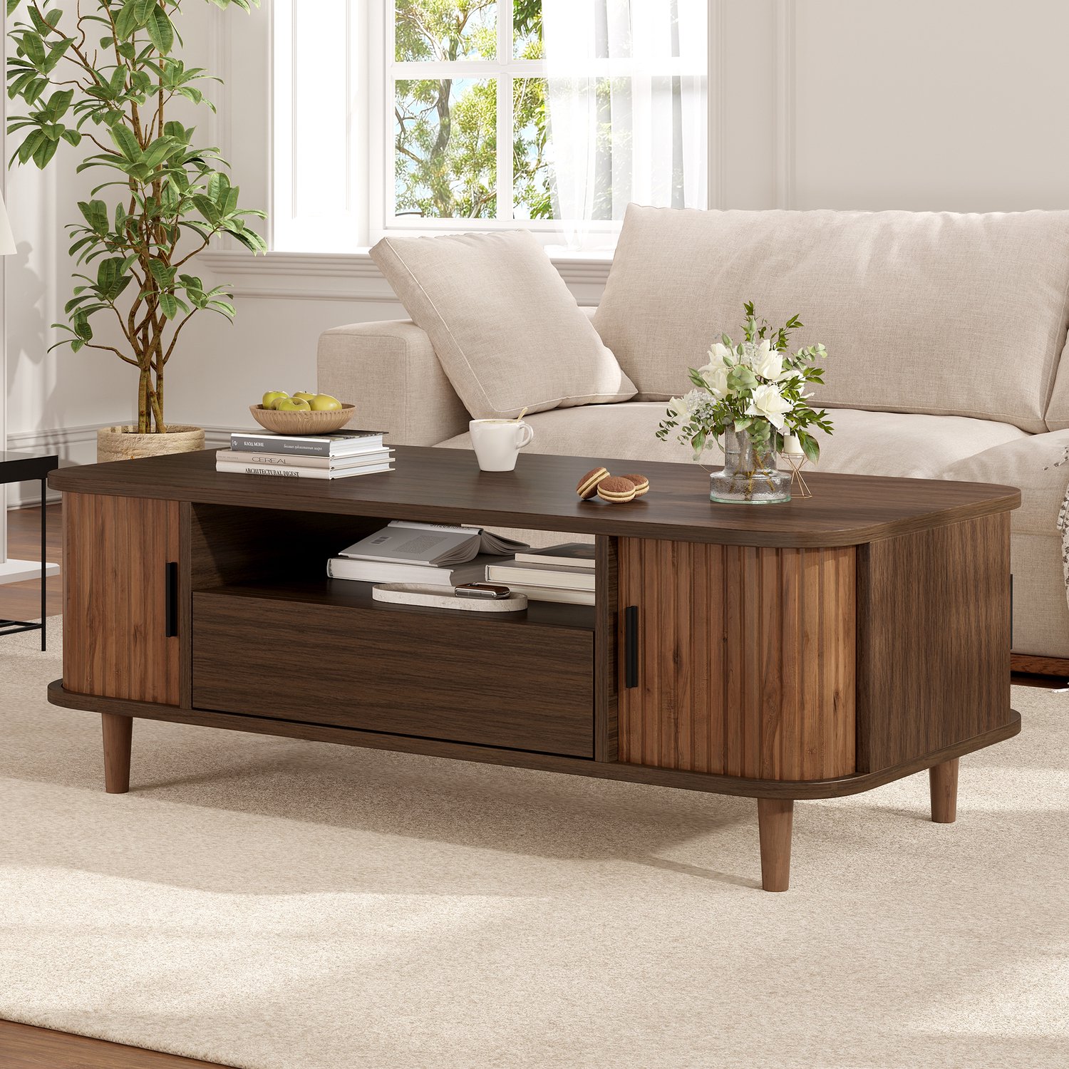 OKWISH Salontafel - 2 Roldeuren en 1 Lade - Opbergruimte voor de Woonkamer - MDF en Spaanplaat in Walnootkleur - 100 x 50 x 35 cm