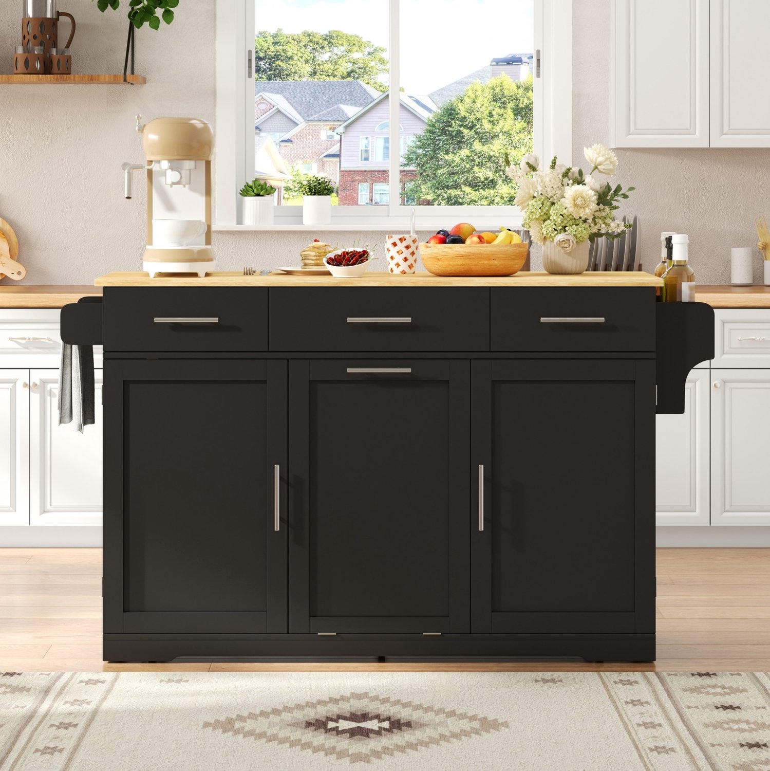 HAUSS SPOLE Keukeneiland - Opklapbaar Werkblad Met 3 Lades En Afvalkast - Verrijdbaar Voor De Keuken - MDF - Zwart En Naturel - 136x50-75x92 Cm Zwart en naturel houtkleur