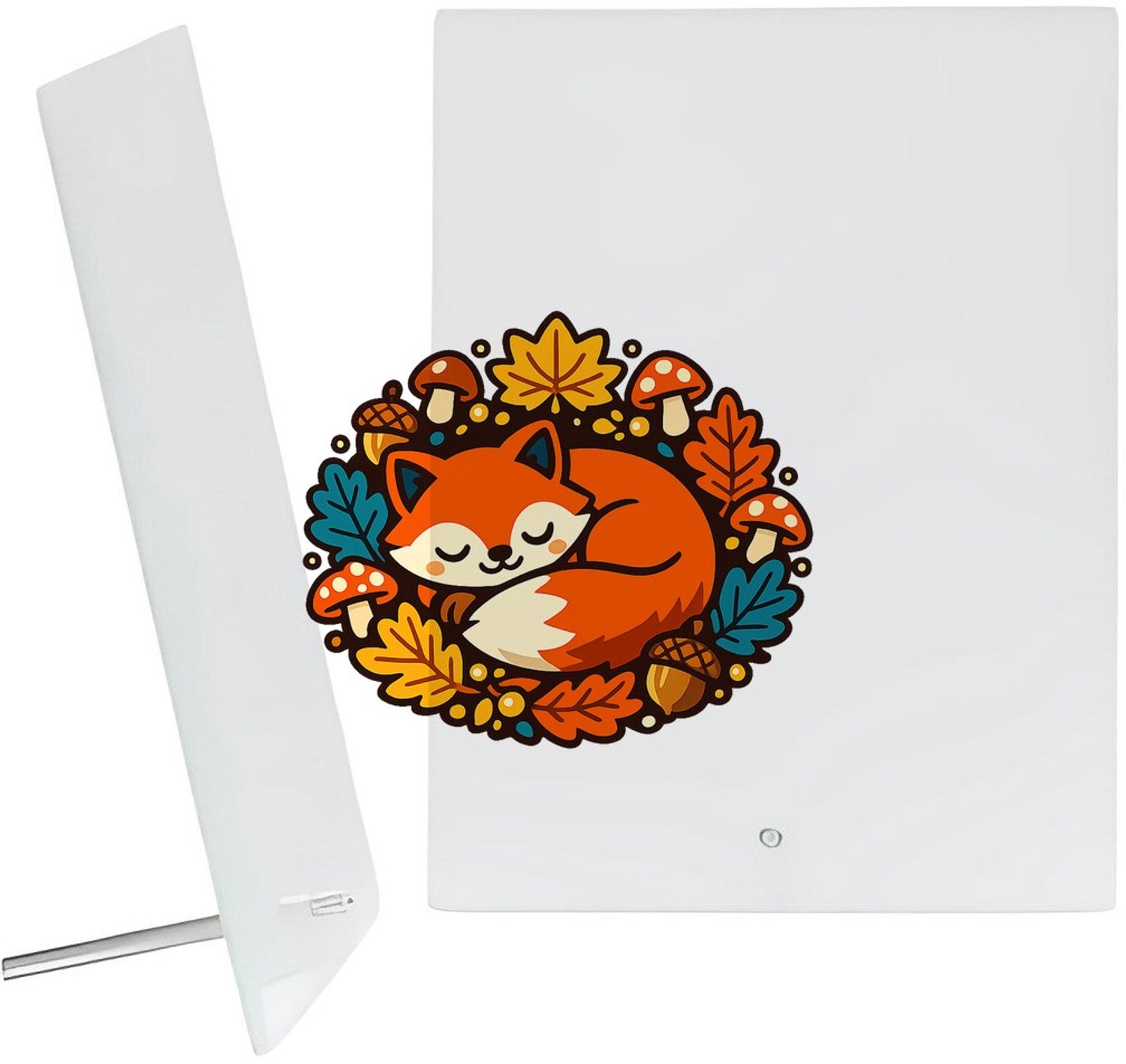 Mr Cadeautjes Glazen fotopaneel Slapende vos in herfstkrans - 15 x 20 cm, staand - glas, decoratie, wanddecoratie | cadeau Wit