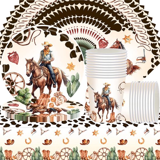 Verzameling van papieren cowboy-feestservies inclusief borden en bekers met opdruk van een ruiter te paard.