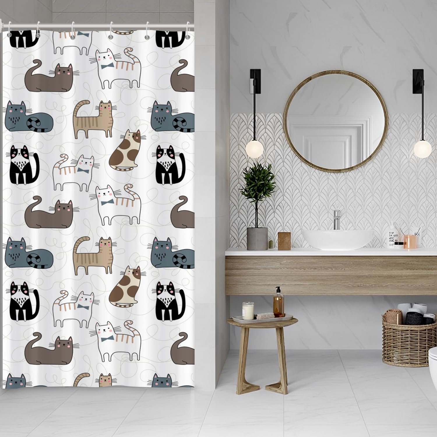 Smalle Douchegordijn met Schattige Cartoon Kat - 120 x 200 cm